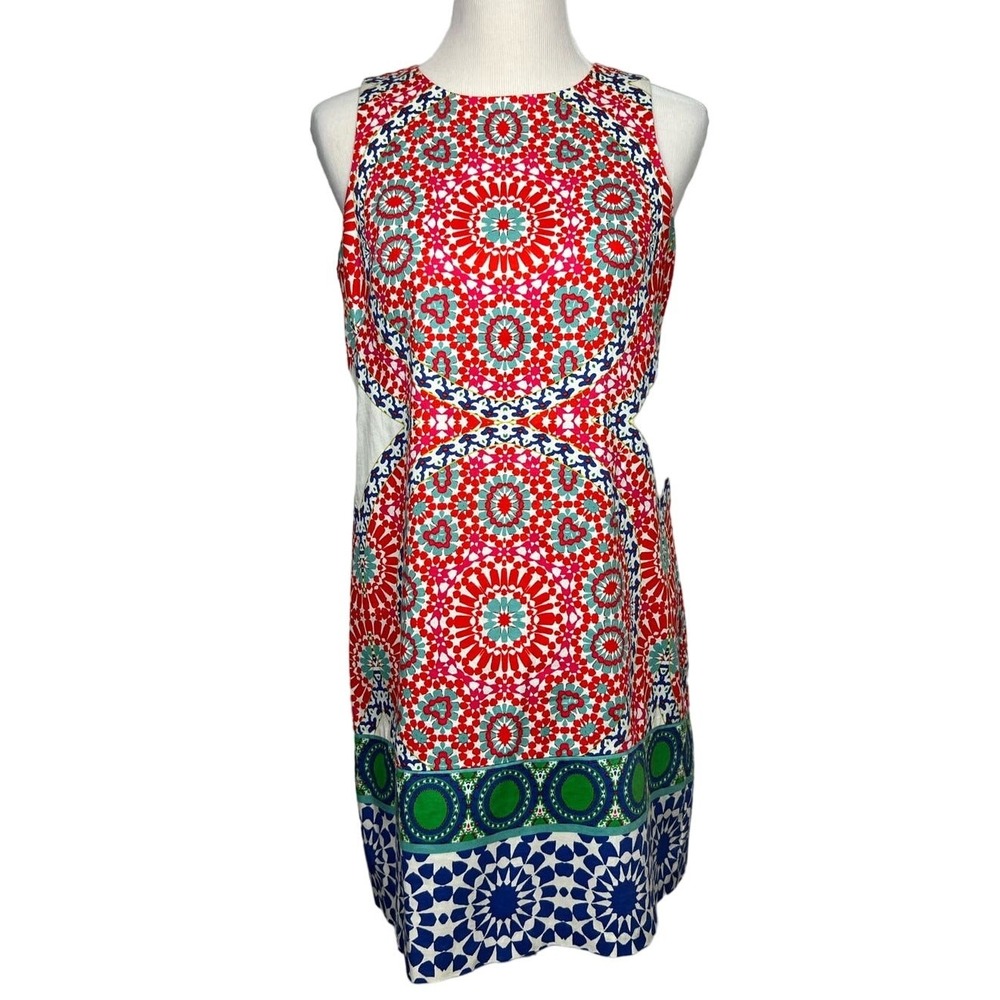 Maggy L Womens 8P Sheath Dress Geometric Kaleidoscope Sleeveless Cotton Office